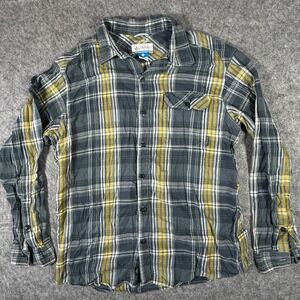 Columbia Button Down Shirt Mens Large Grey Yellow Plaid Omni-Wick Long Sleeve